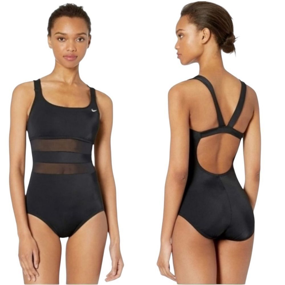 Nike Swim Solid Mesh V- Back‎ One Piece Black Competition Swimwear Racing L